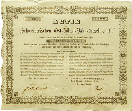 «Schweiz. Ost-West-Bahn Aktie 1860»